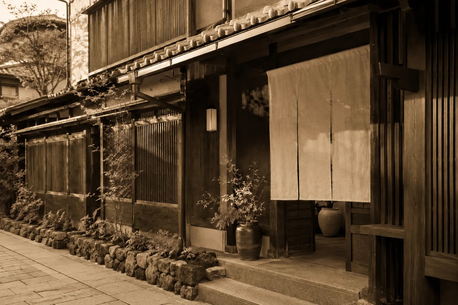 Sepia-toned street scene used to evoke Hakata and Fukuoka craft context
