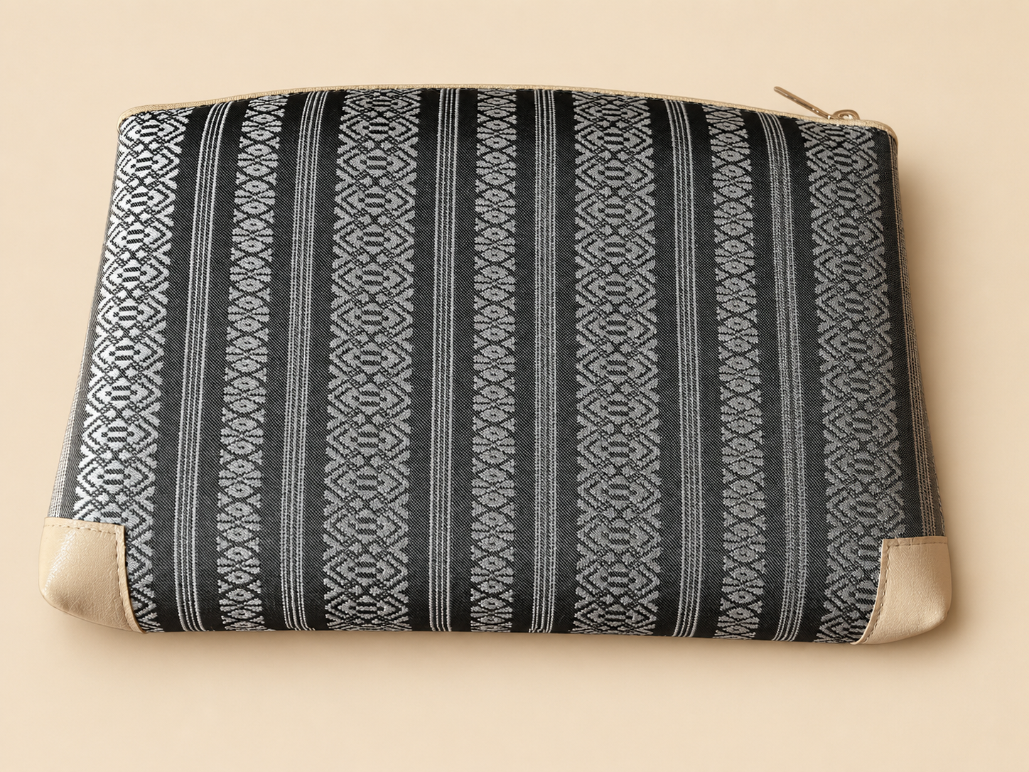 Gray Hakata-ori Kenjo pastel large pouch by Sanui Textile, front view
