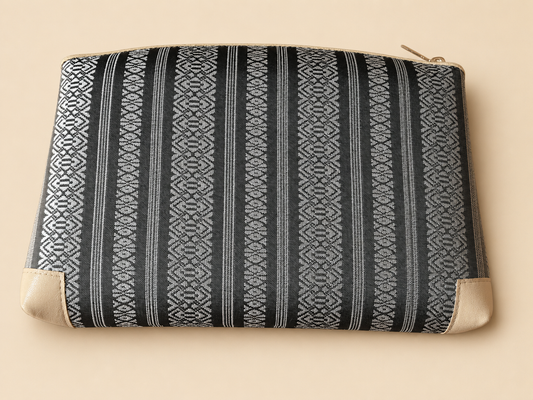 Gray Hakata-ori Kenjo pastel large pouch by Sanui Textile, front view