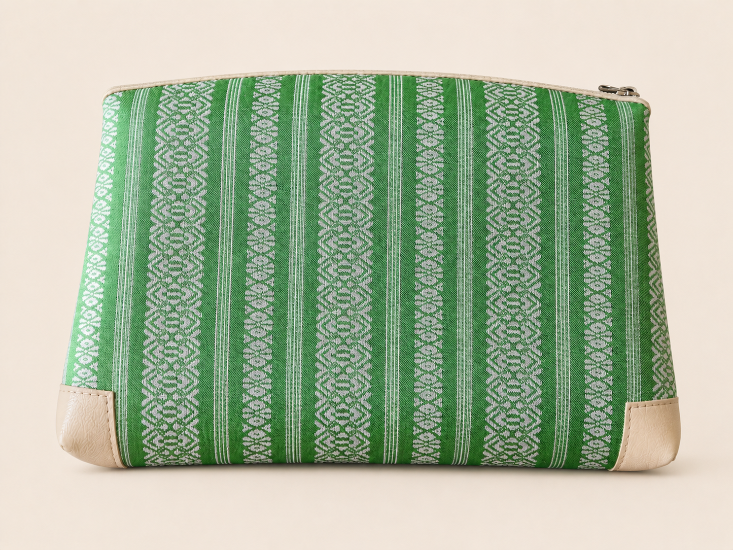 Green Hakata-ori Kenjo pastel large pouch by Sanui Textile, front view