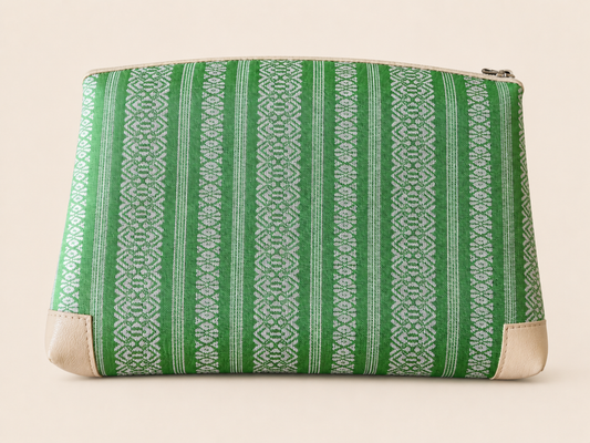 Green Hakata-ori Kenjo pastel large pouch by Sanui Textile, front view