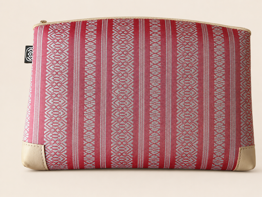 Pink Hakata-ori Kenjo pastel large pouch by Sanui Textile, front view