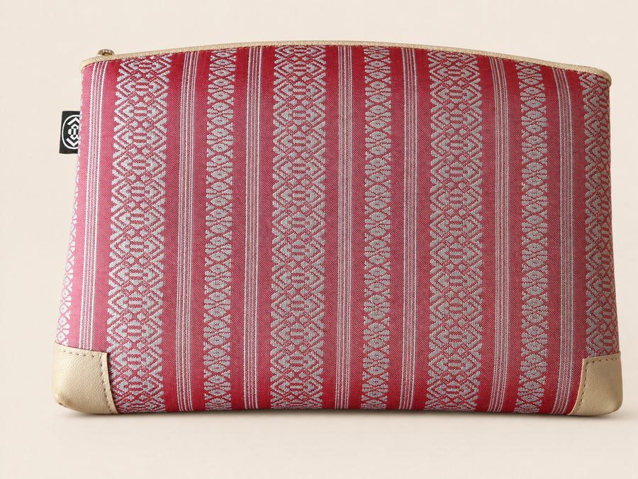 Pink Hakata-ori Kenjo pastel large pouch by Sanui Textile, front view