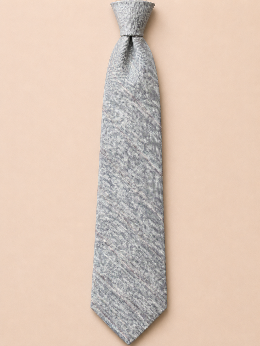 Sanui Hakata-ori mud-dyed silk necktie in silver, full-length view