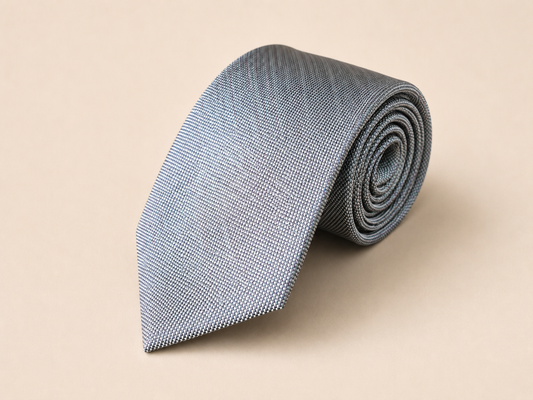 Sanui Hakata-ori mud-dyed silk necktie in silver, rolled view