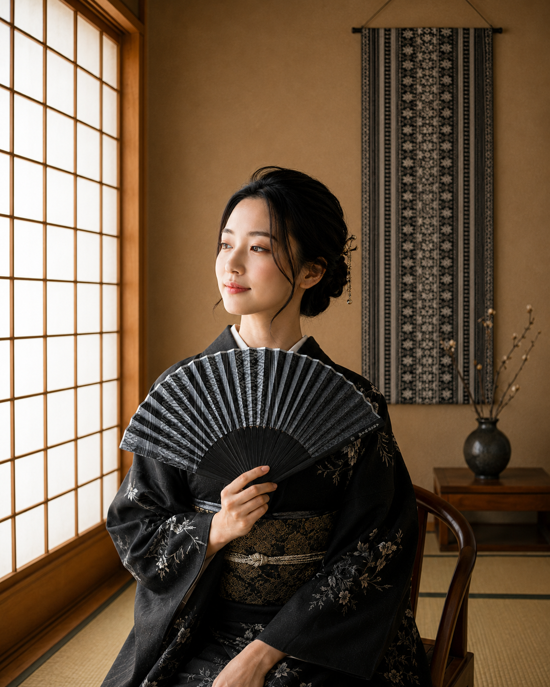 Grey Hakata-ori sensu fan and case set styled with kimono in a Japanese room