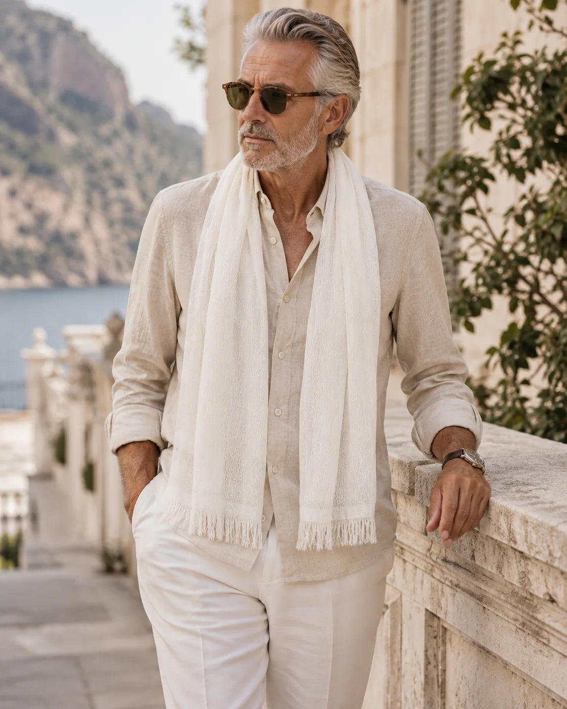 OKANO HIRE Ryo white silk stole, resort styling image