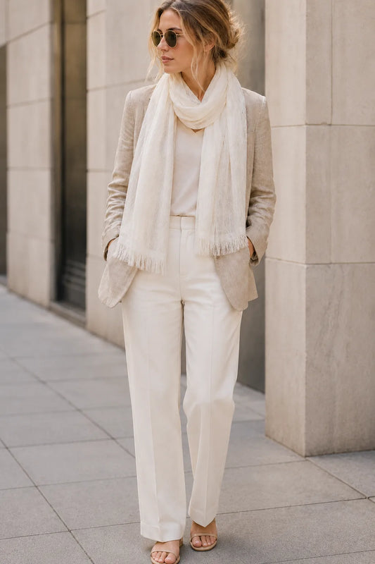 OKANO HIRE Ryo Silk Stole in white, worn image