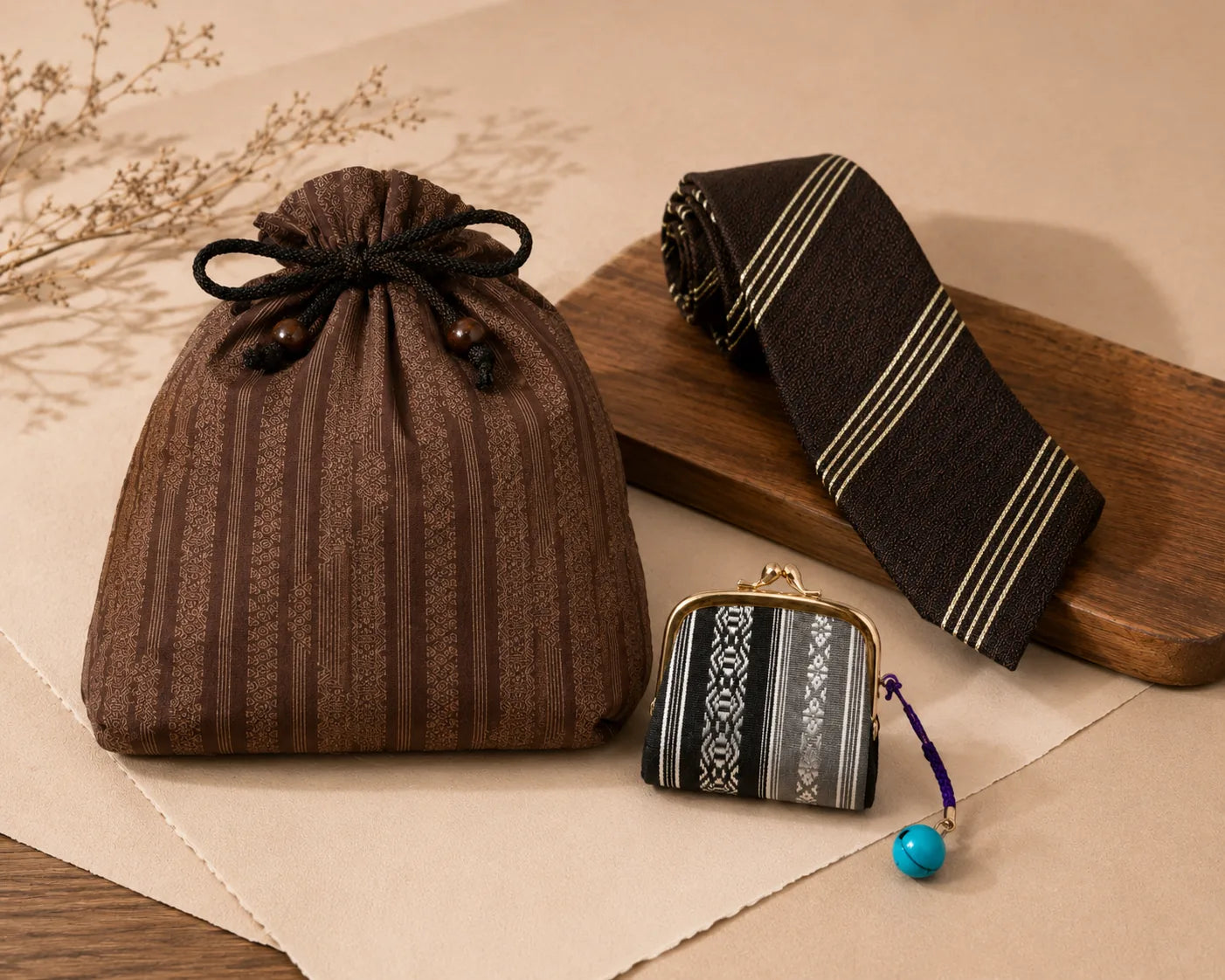 Still life of Hakata-ori gift pieces including pouch, tie, and clasp purse