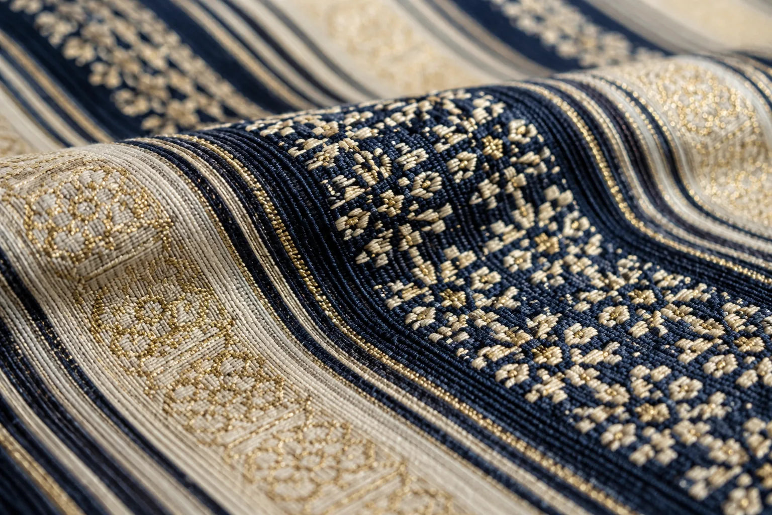 Close-up of navy, ivory, and gold Kenjo pattern textile
