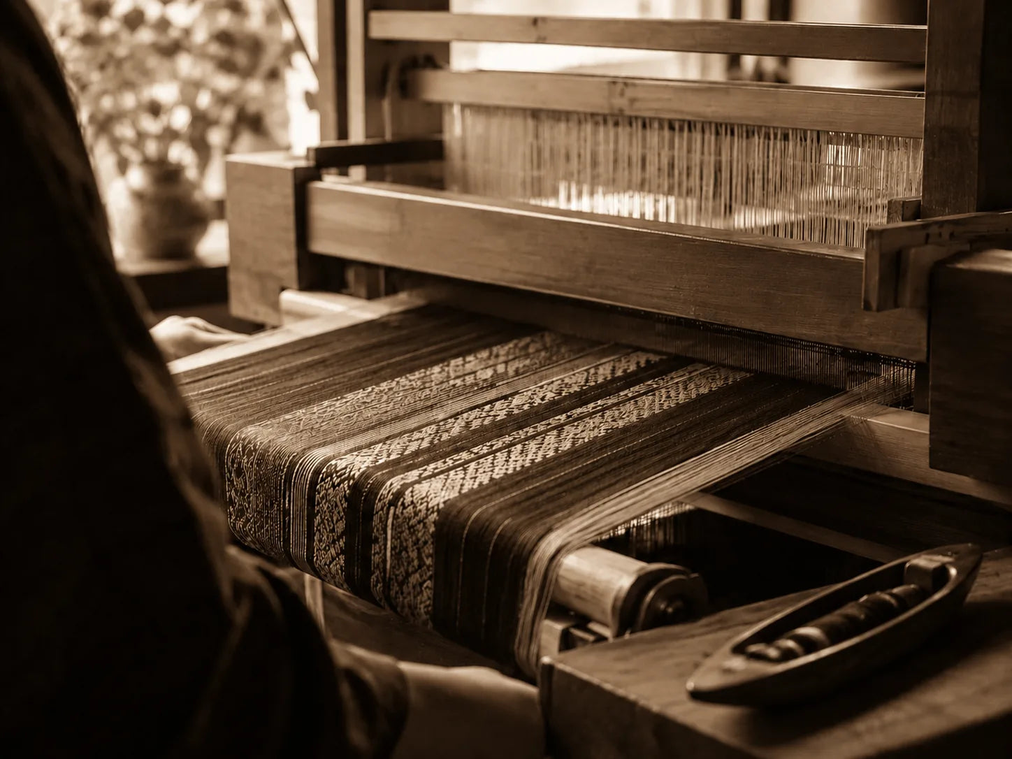 Sepia photograph of a traditional loom weaving Hakata-ori inspired textile