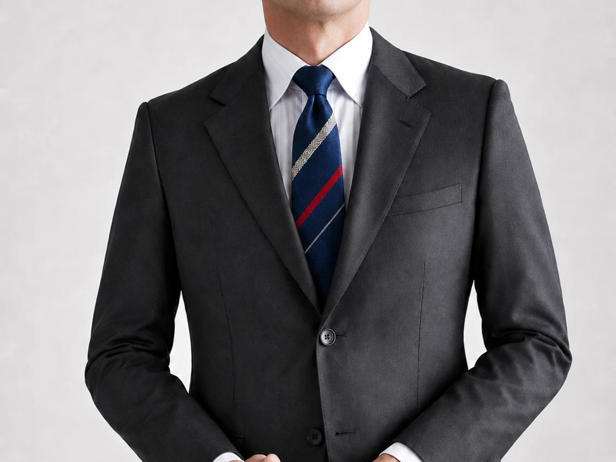Navy Hakata-ori silk tie worn with a dark business suit