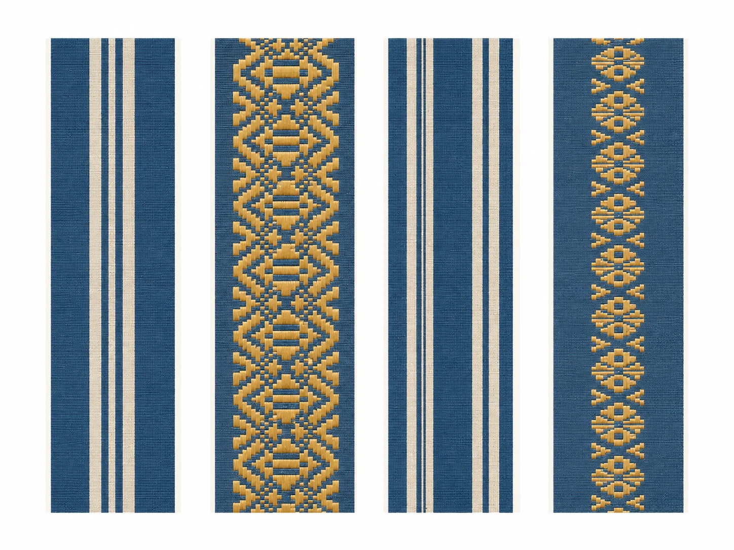Four elements of the Hakata-ori Kenjo pattern shown as woven blue and gold motifs